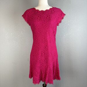 Diane Von Furstenberg DVF Womens Brittany Ruffle Hem Dress 12 Pink Stretch Lace